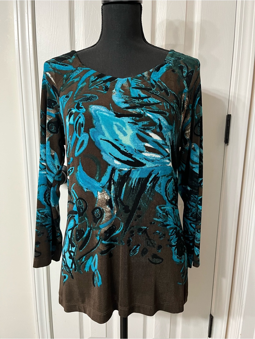 Chico’s Brown and Teal Floral-Print Women's Top Size 1